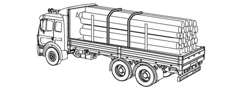 Diagram of a truck cargo of logs. There are two tie downs towards the center and two poles towards to ends of the logs to secure this cargo