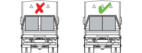 Diagram of cargo that is tied down but not in direct contact with each other. This a not an acceptable way to load the cargo. A second diagram with cargo tied down but this time, the two pieces are in direct contact with each other. This is an acceptable way to load the truck.