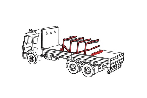 Diagram of a 8 metal coils set up vertical. They are all next to each other, tied down, and there are blocker bar at the top and bottom of the cargo.