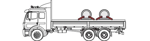 Diagram of two crosswide coils where each has two tiedowns that go through the coil. These tiedowns are on each end of the coil and represent the Correct use of tiedowns for single coil