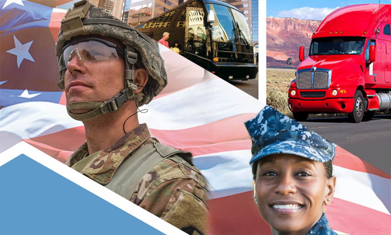 Collage of military members and a truck and bus