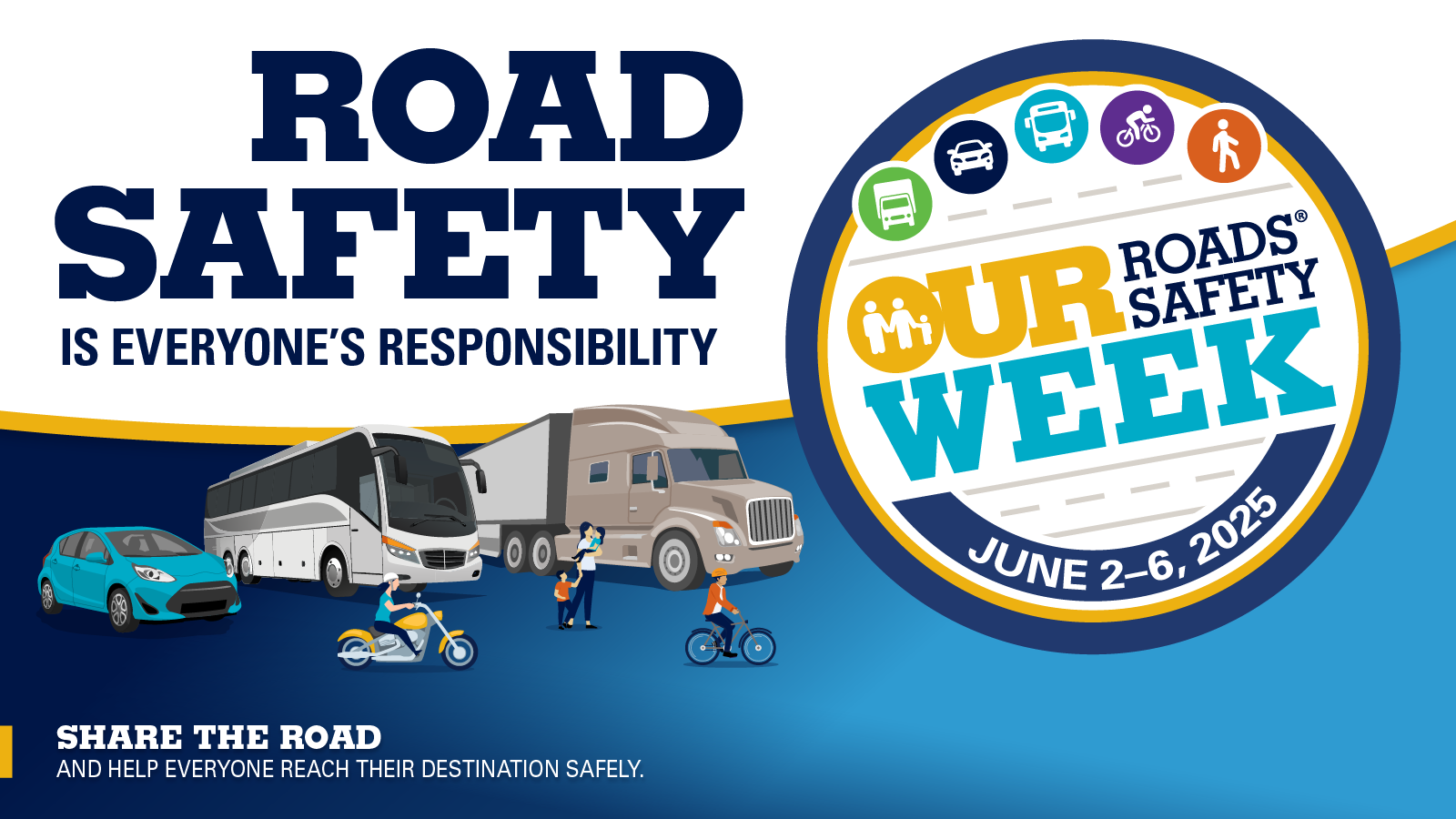 Graphic: Our Roads, Our Safety Week: June 2-6. Roas safety is everyone's responsibility. Share the road and help everyone reach thier destination safely. 