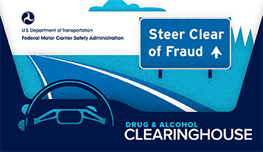 Graphis with road and steering wheel: Text: Steer Clear of Fraud
