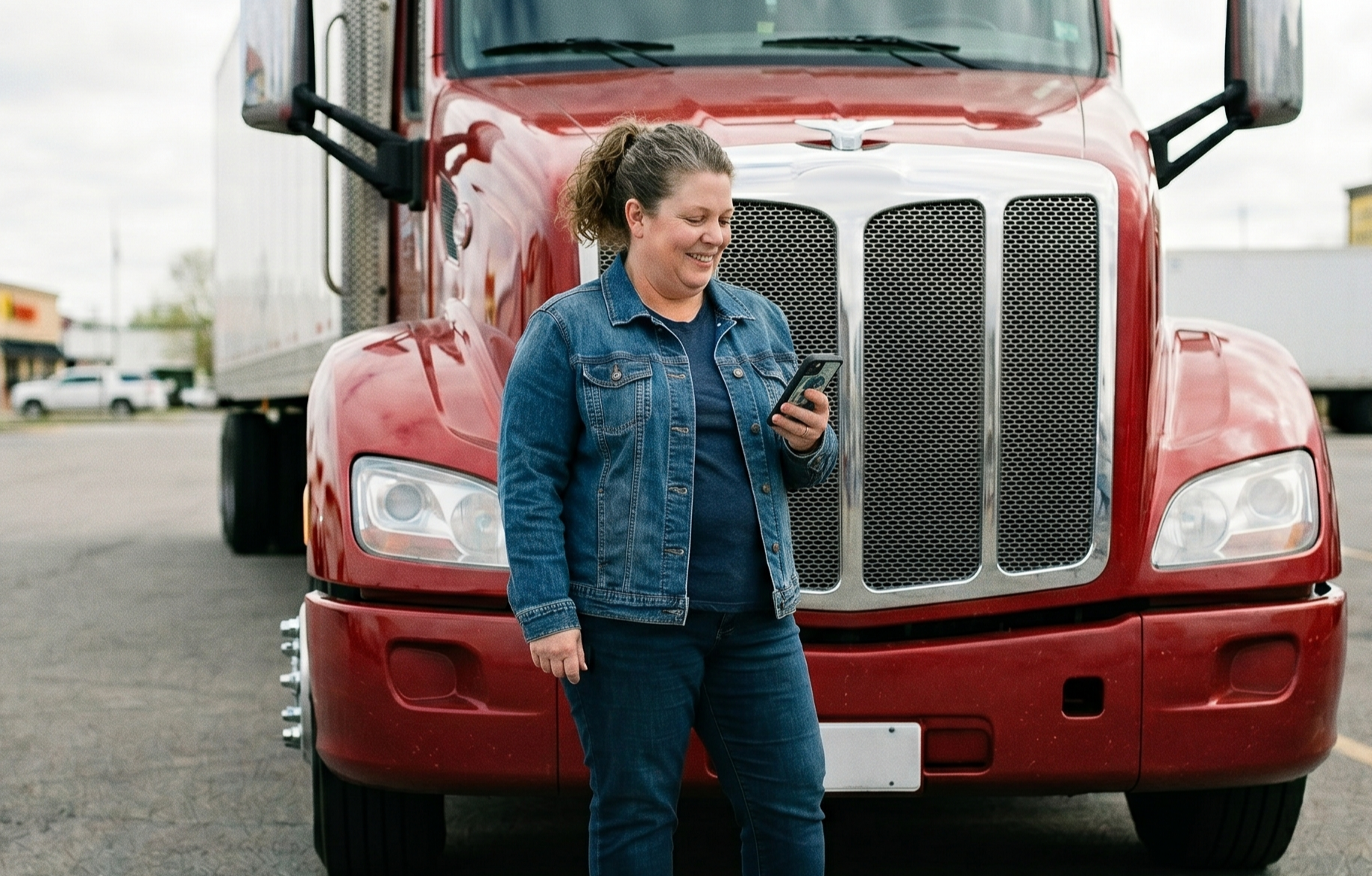 woman in front of a red semi truck looking at her cell phone