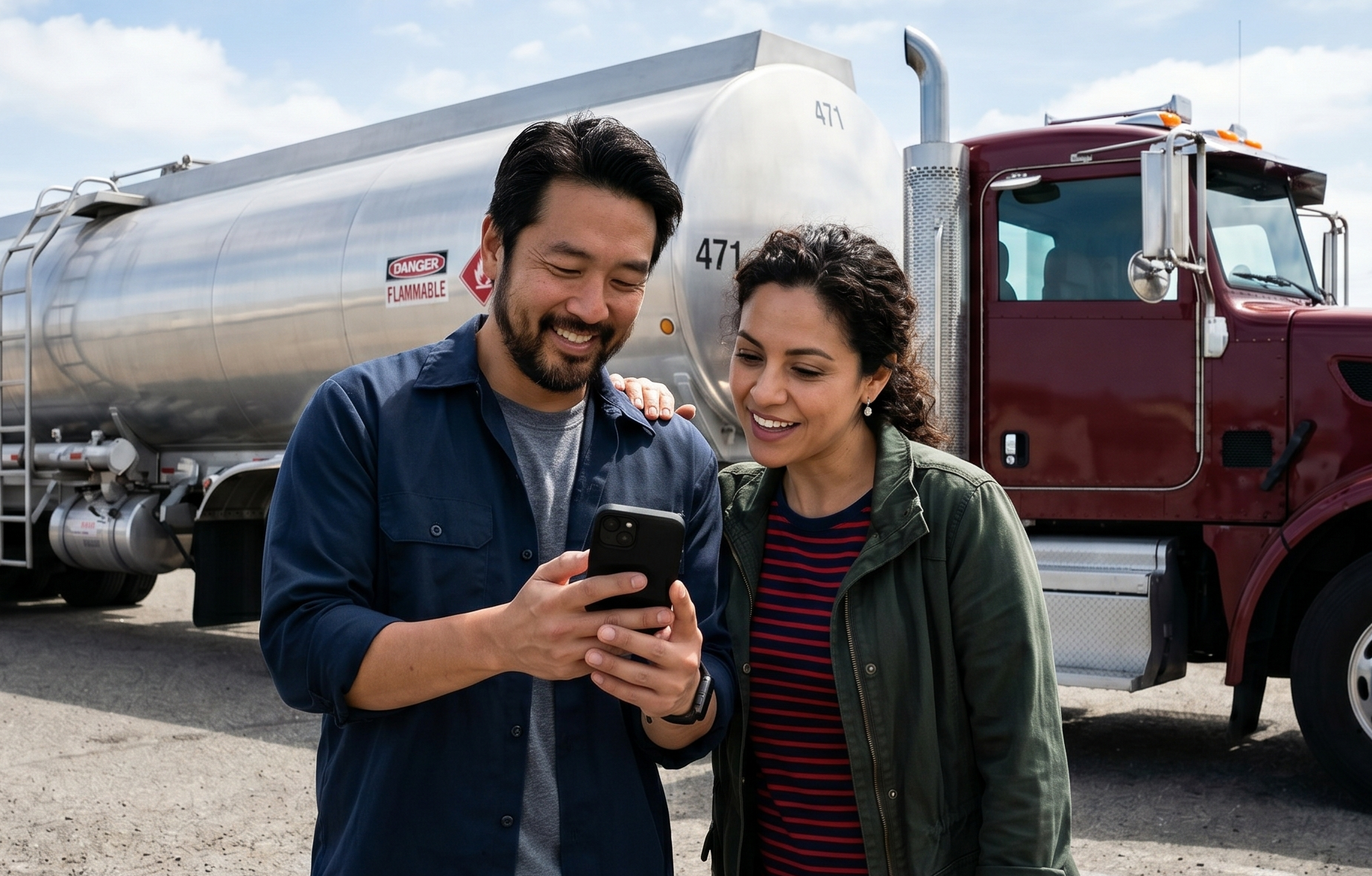 a man and a woman looking at a cell phone and standing in front of a cargo tank truck