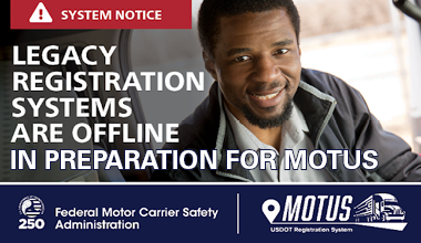 Graphic advertising system notice. Legacy registration systems are offline in preparation for Motus