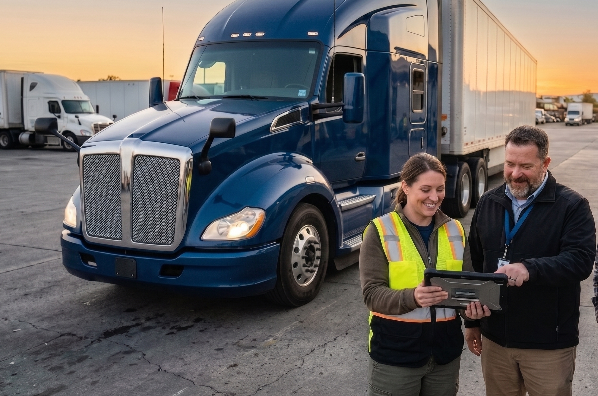 two people looking at a tablet in front of a truck