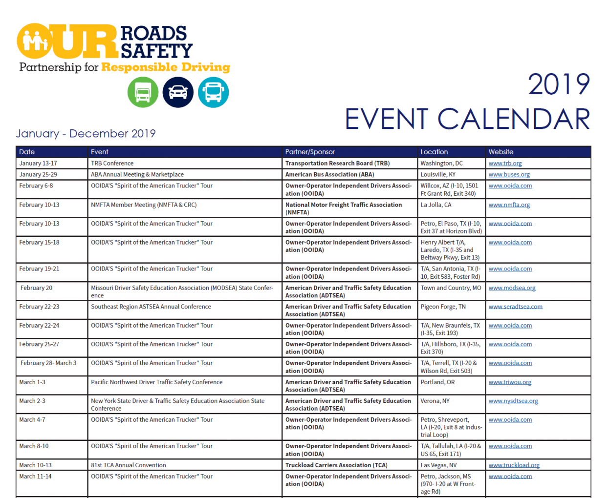 Our Roads Our Safety 2019 Event Calendar