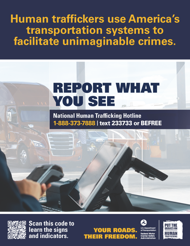 Image of the FMCSA "Your Roads, Their Freedom" Campaign poster in a convenience store scene in English