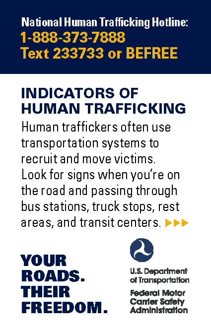Page 1 of the FMCSA "Your Roads, Their Freedom" Campaign pocket card in English