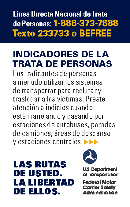 Page 1 of the FMCSA "Your Roads, Their Freedom" Campaign pocket card in Spanish