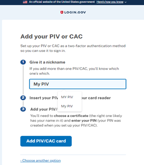 Image of "Add Your PIV or CAC" screen.