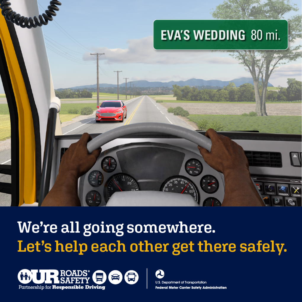 Graphic showing point of view of driver behind wheel that shows a sign that says Eva's Wedding 80 miles. Additional text says: We're all going somewhere. Let's help each other get there safely.