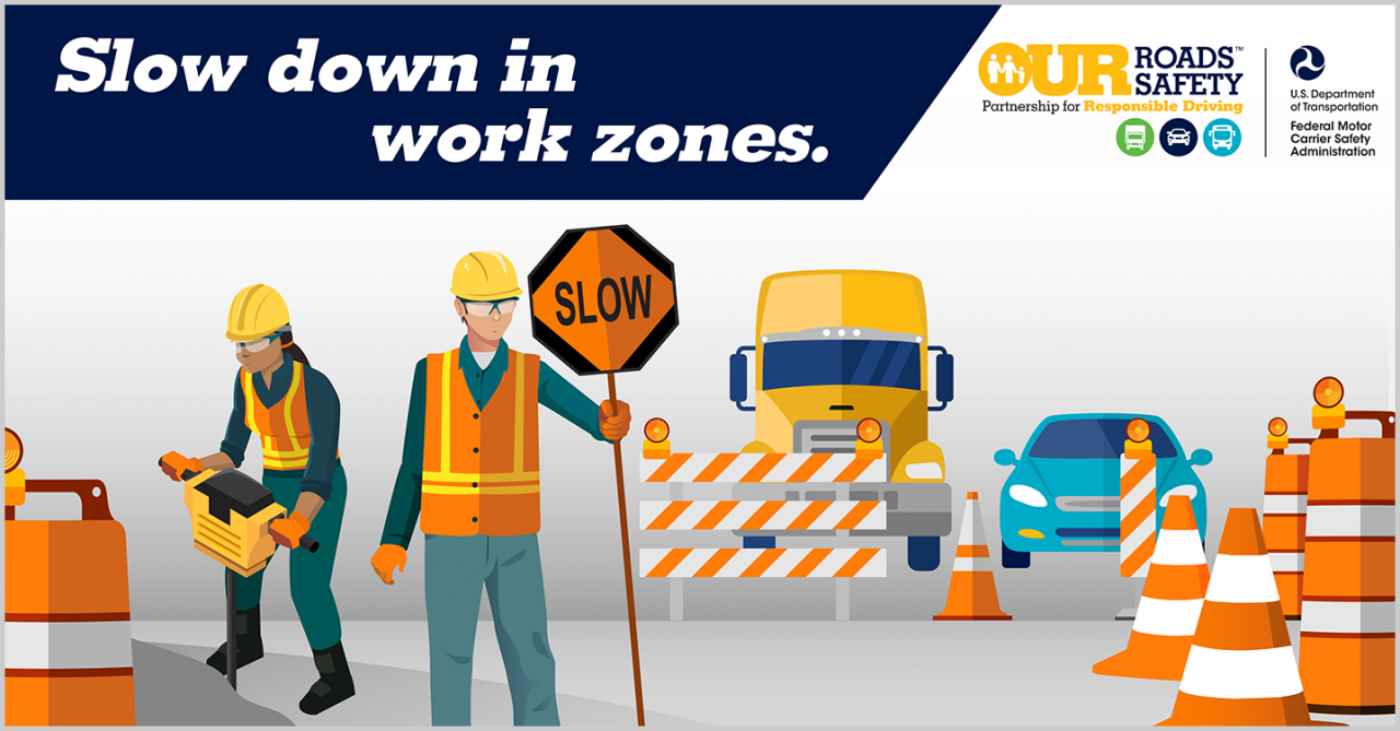Slow down in work zones; graphic of road workers, one holding a slow sign, with pylons, a truck and a passenger vehicle in the back