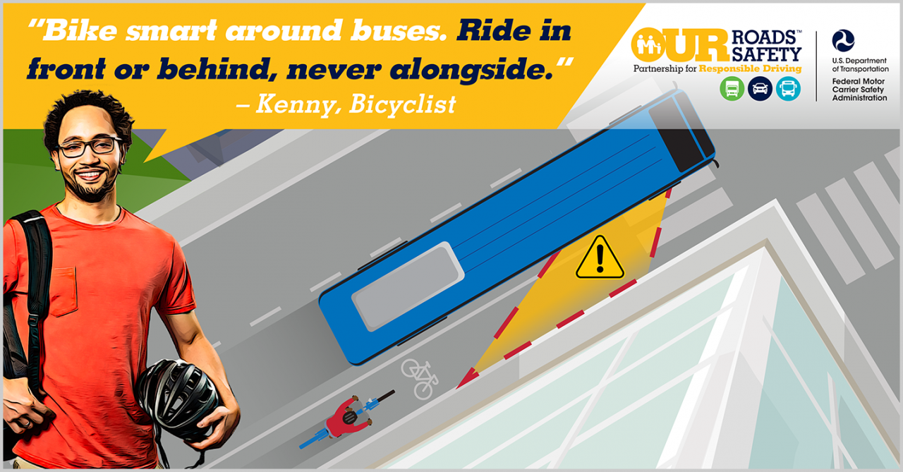 Voices of Safety bicyclist, Kenny. Quote: bike smart around buses. Ride in front or behind, never alongside.