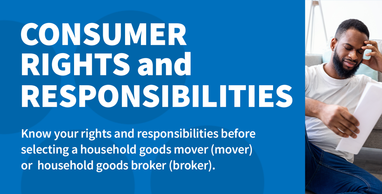 Image of a man looking at a document and holding his head next to an image of blue bubbles with the text overlay “Consumer Rights and Responsibilities. Know your rights and responsibilities before selecting a household goods mover (mover) or household goods broker (broker).”