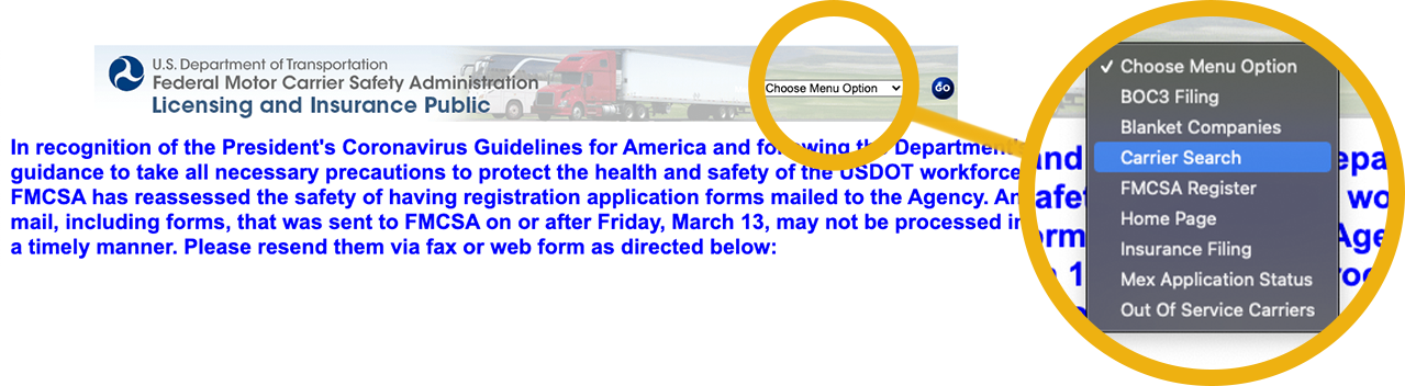 Close up of the drop down menu of the Licensing and Insurance Public page, with the “Carrier Search” option highlighted