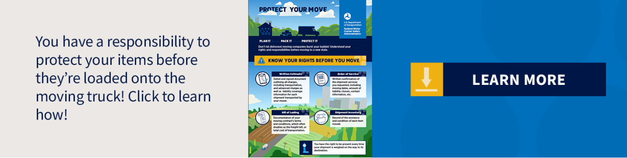 Image of an info-graphic highlighting the rights and responsibilities of movers with a “Learn More” button