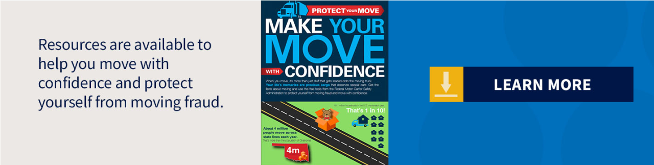 Image of an info-graphic providing statistics on moving fraud and resources for prevention with a “Learn More” button