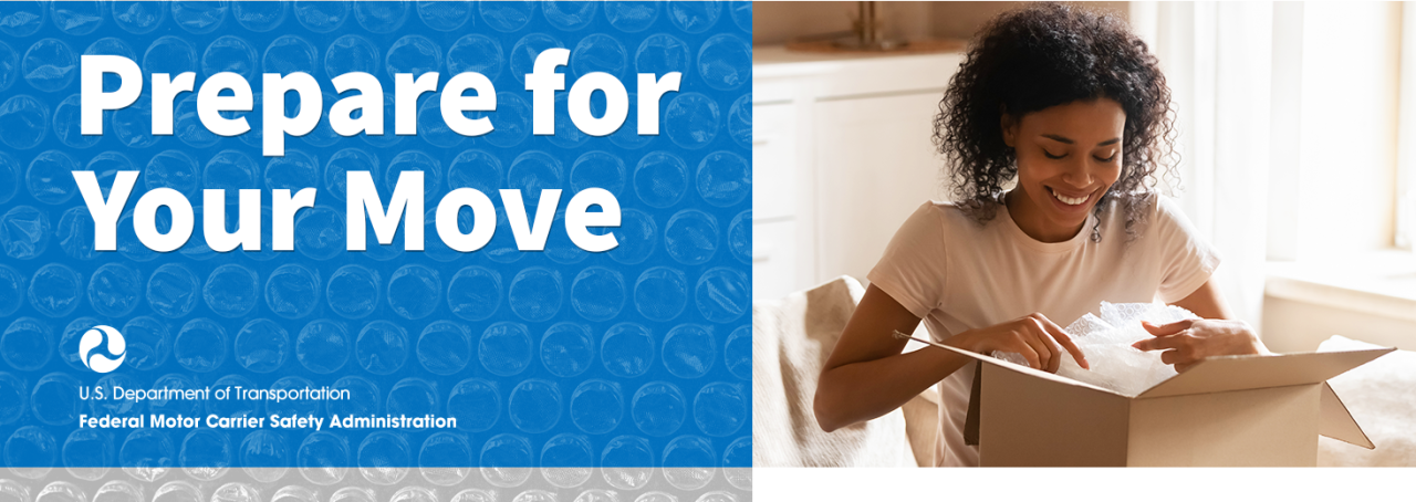 Image of a woman opening a moving box and removing bubble wrap next to an image of bubble wrap that says “Prepare for Your Move” with the Federal Motor Carrier Safety Administration Logo