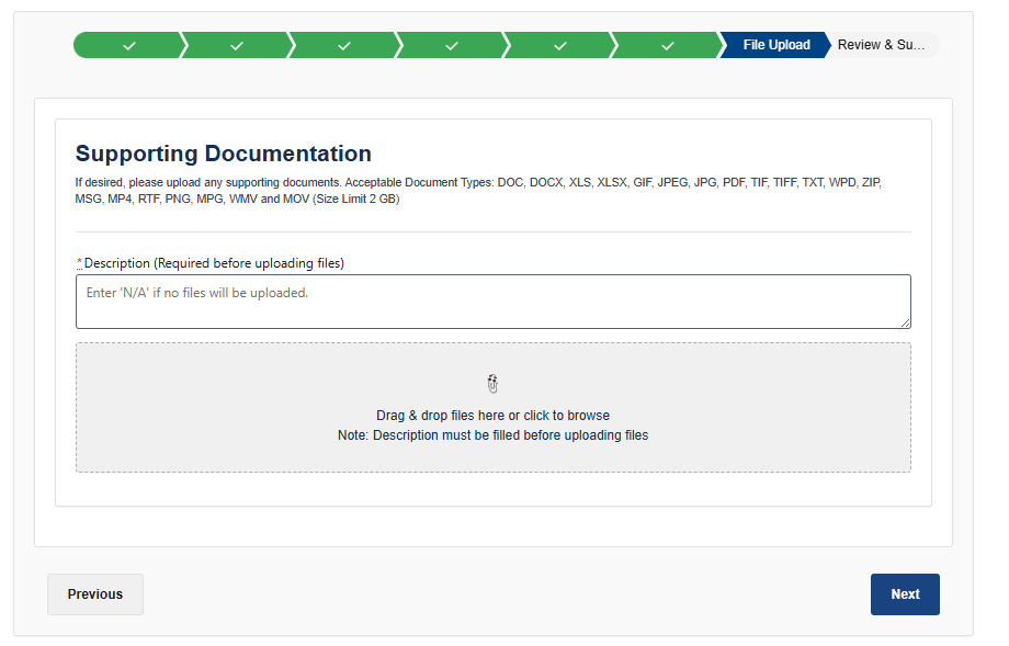 A screen for uploading documents