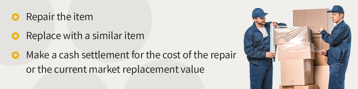 Image of two men in baseball hats and overalls putting plastic wrap around two stacks of boxes next to an image of grey circles that says “Repair the item, replace with a similar item, make a cash settlement for the cost of the repair or current market replacement value.”