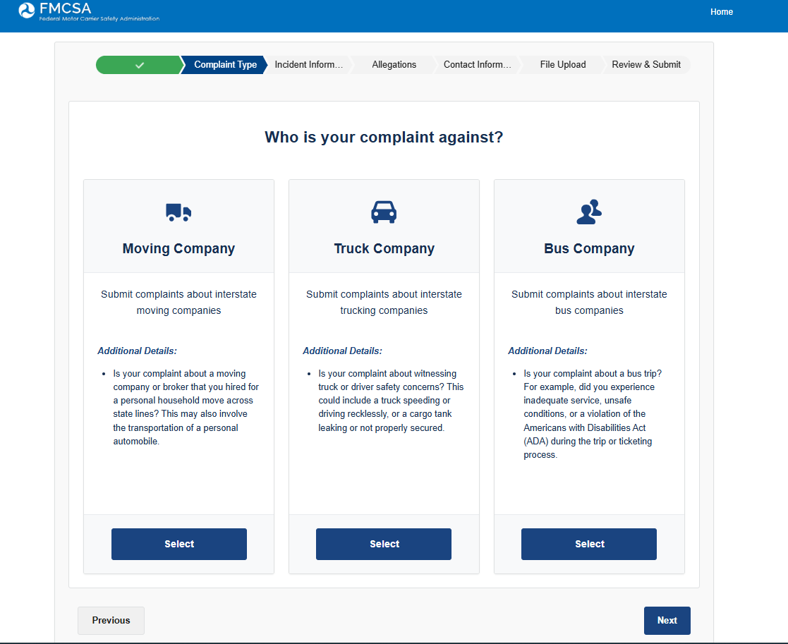 An image showing the option to select different options of who to a file a complaint against