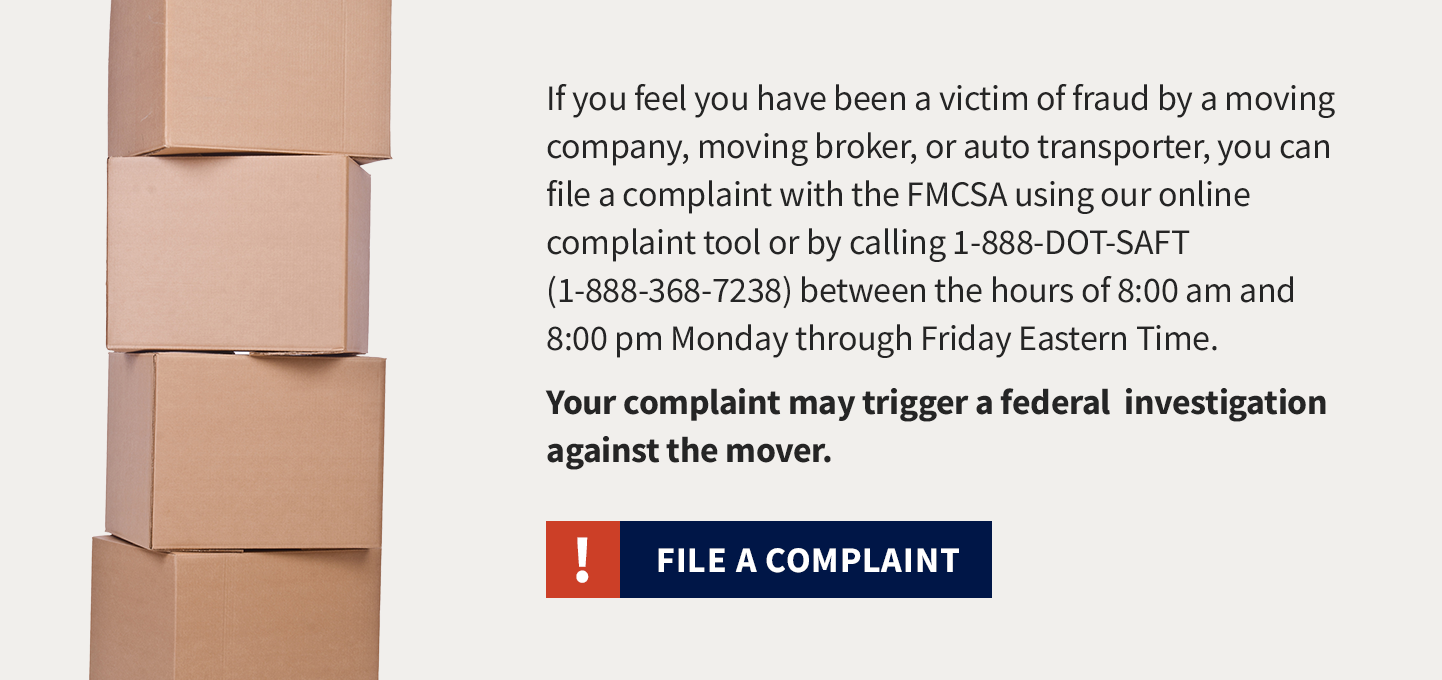 Image of a stack of moving boxes and a button that says “File a Complaint”