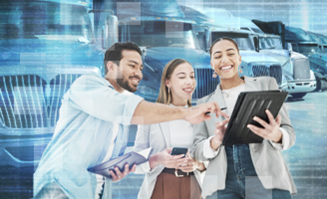 Group of people looking at a notepad