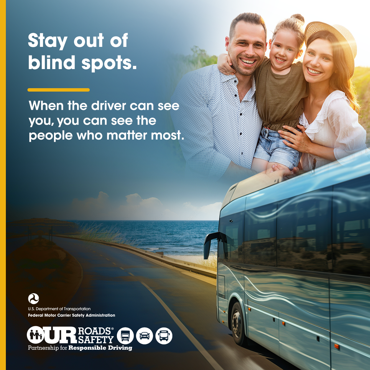 Large trucks and buses have big blind spots. #OurRoads