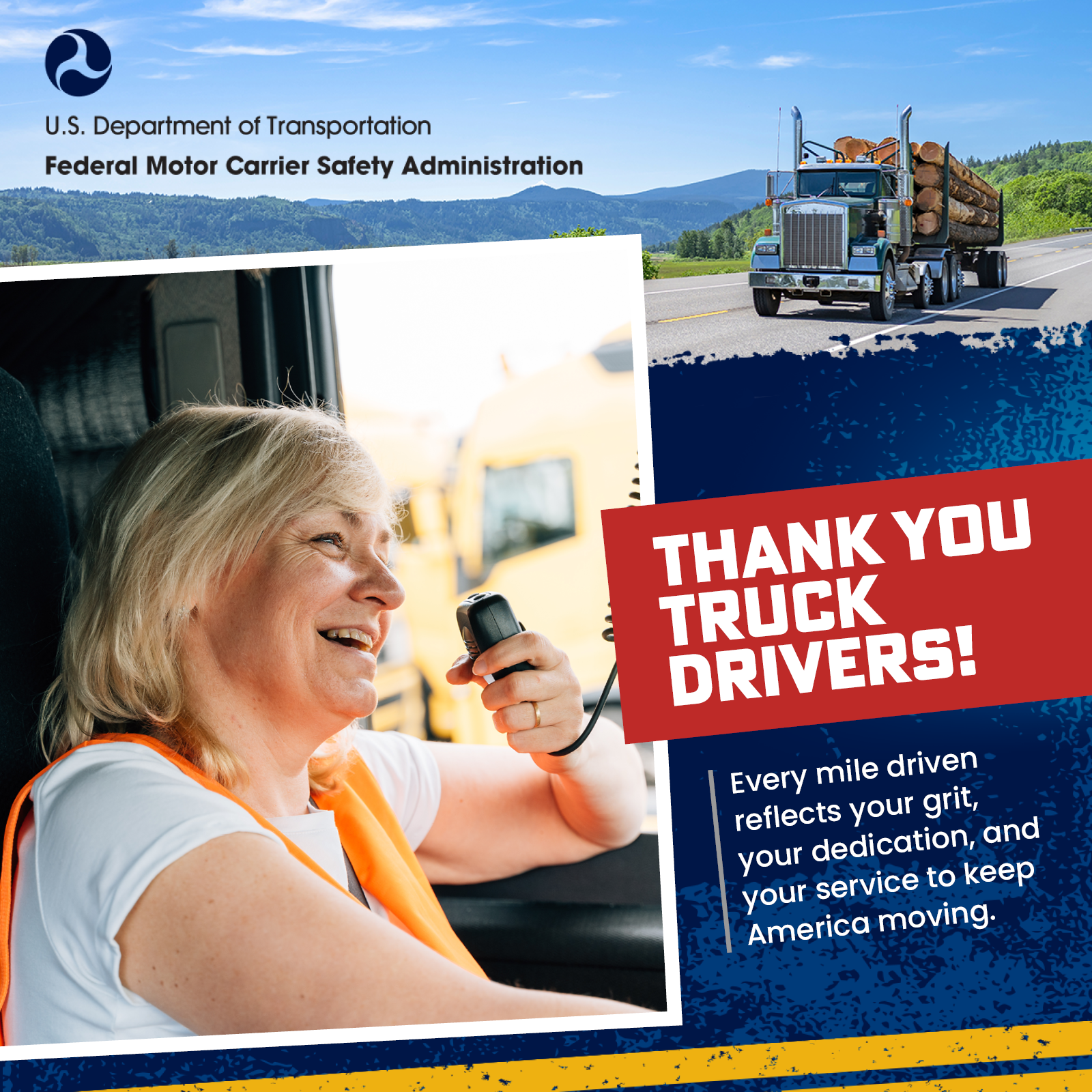 A woman in a truck communicating with device. 