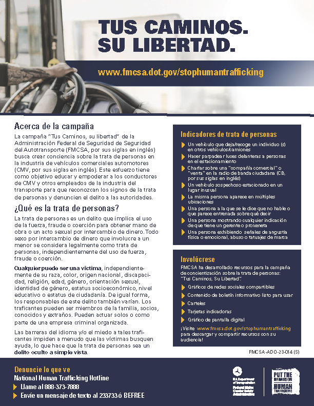 FMCSA "Your Roads, Their Freedom" Campaign factsheet in Spanish
