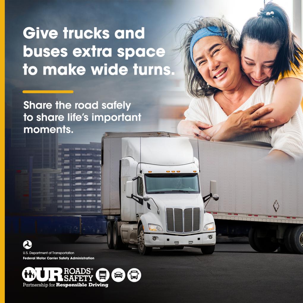 Large trucks and buses make wide turns