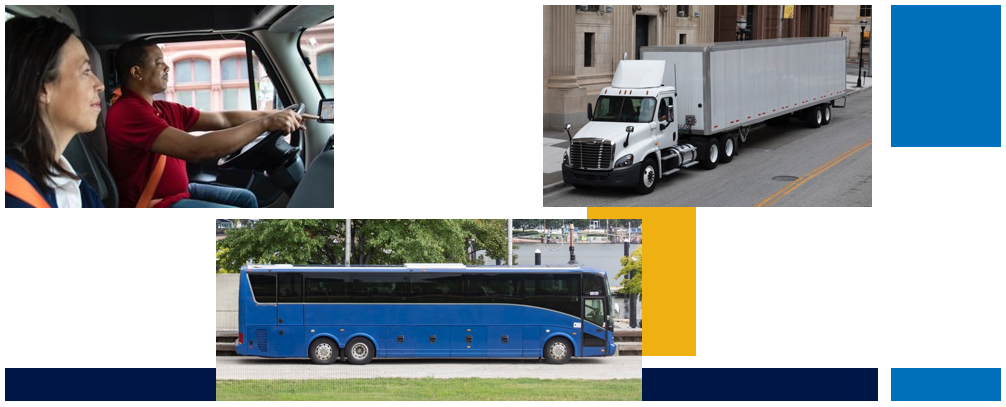Rulemaking Graphic with Driver and Passenger, A white truck and a blue bus.