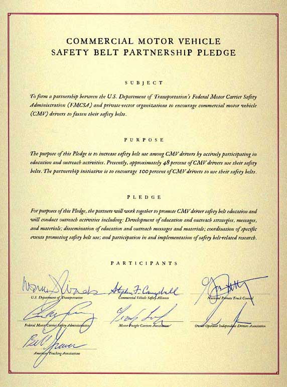 Commercial Motor Vehicle Safety Belt Partnership Pledge signed document.