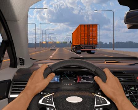 Looking out the front windshield of the car from the point of view of the driver